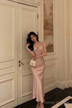 Mermaid Spaghetti Straps Pink Satin Ankle Length Prom Dress Birthday Outfits
