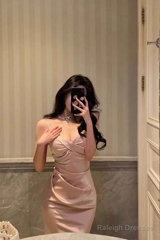Mermaid Spaghetti Straps Pink Satin Ankle Length Prom Dress Birthday Outfits