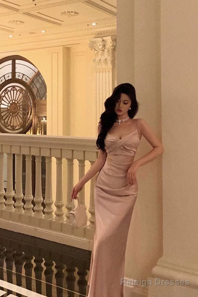Mermaid Spaghetti Straps Pink Satin Ankle Length Prom Dress Birthday Outfits