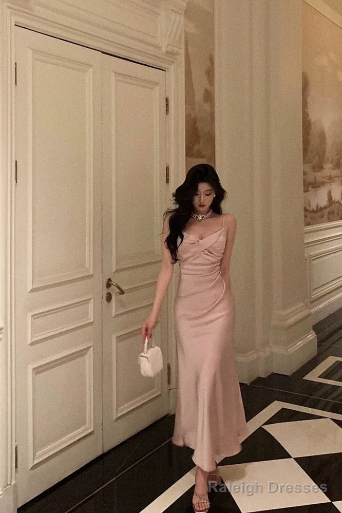 Mermaid Spaghetti Straps Pink Satin Ankle Length Prom Dress Birthday Outfits