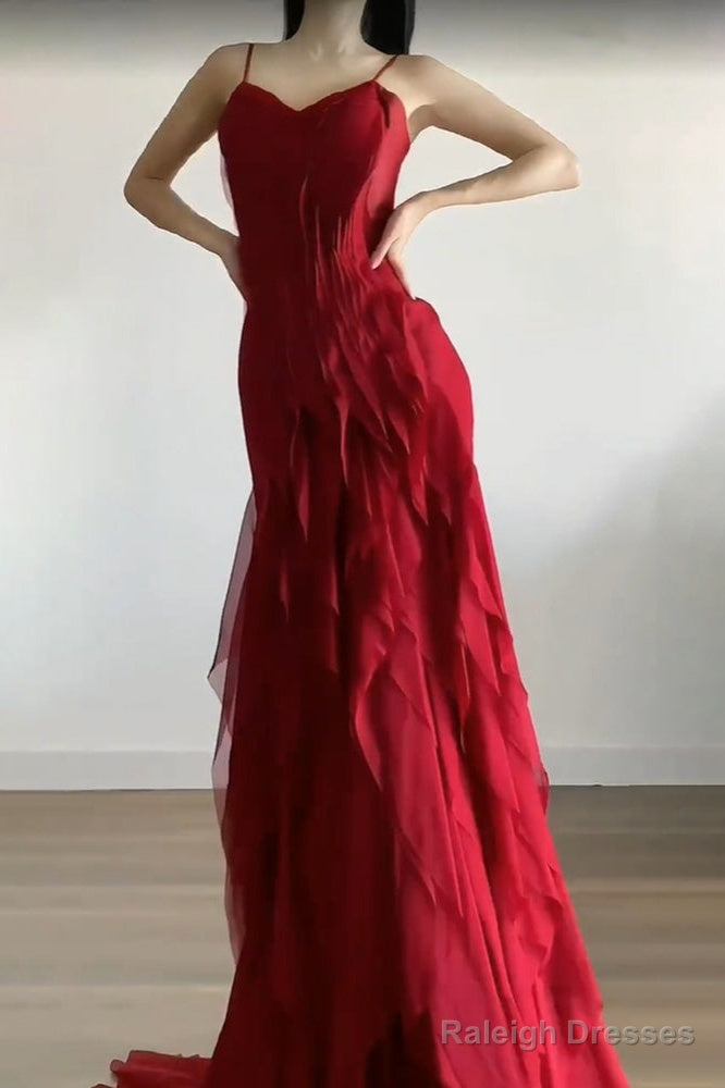 Sexy Mermaid Spaghetti Straps Red Chiffon Ruffles Birthday Dresses Long Prom Dress Secondary image