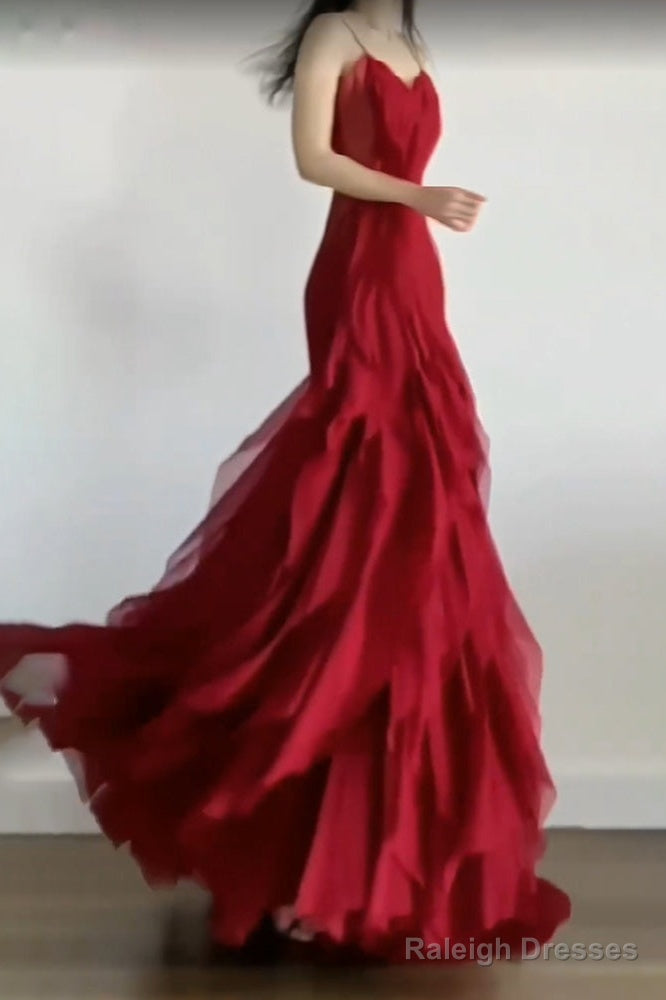 Sexy Mermaid Spaghetti Straps Red Chiffon Ruffles Birthday Dresses Long Prom Dress