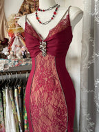 Mermaid Spaghetti Straps Red Lace Prom Dress Long Prom Dresses