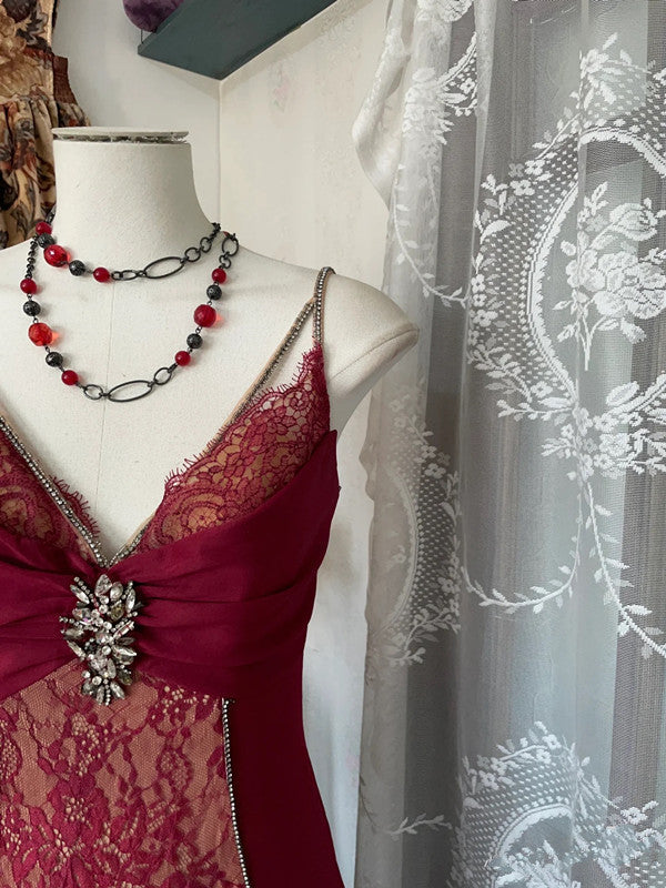 Mermaid Spaghetti Straps Red Lace Prom Dress Long Prom Dresses
