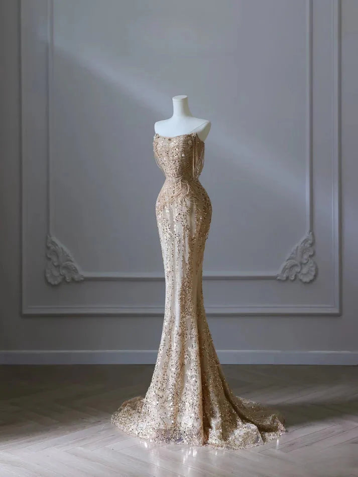 Pretty Mermaid Strapless Gold Sequin Beads Long Prom Dresses Formal Evening Dress Secondary image
