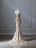 Pretty Mermaid Strapless Gold Sequin Beads Long Prom Dresses Formal Evening Dress