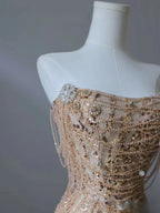 Pretty Mermaid Strapless Gold Sequin Beads Long Prom Dresses Formal Evening Dress