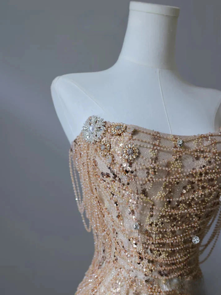 Pretty Mermaid Strapless Gold Sequin Beads Long Prom Dresses Formal Evening Dress