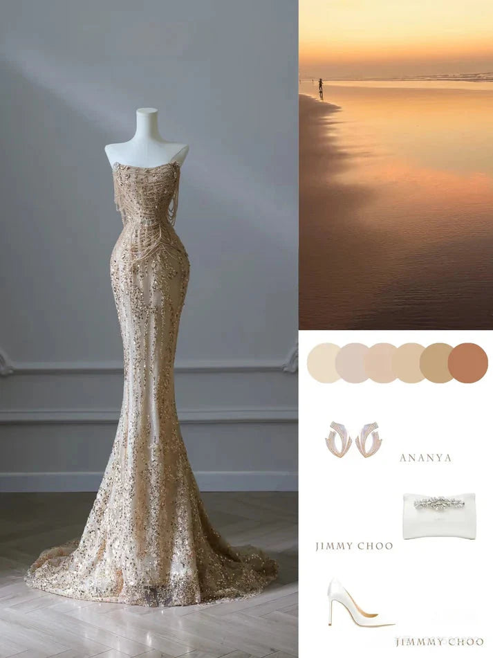 Pretty Mermaid Strapless Gold Sequin Beads Long Prom Dresses Formal Evening Dress