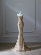 Pretty Mermaid Strapless Gold Sequin Beads Long Prom Dresses Formal Evening Dress