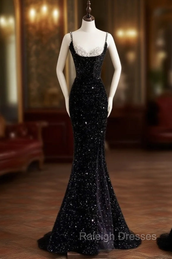 Sexy Mermaid Spaghetti Straps Sequin Black Long Prom Dresses Main image