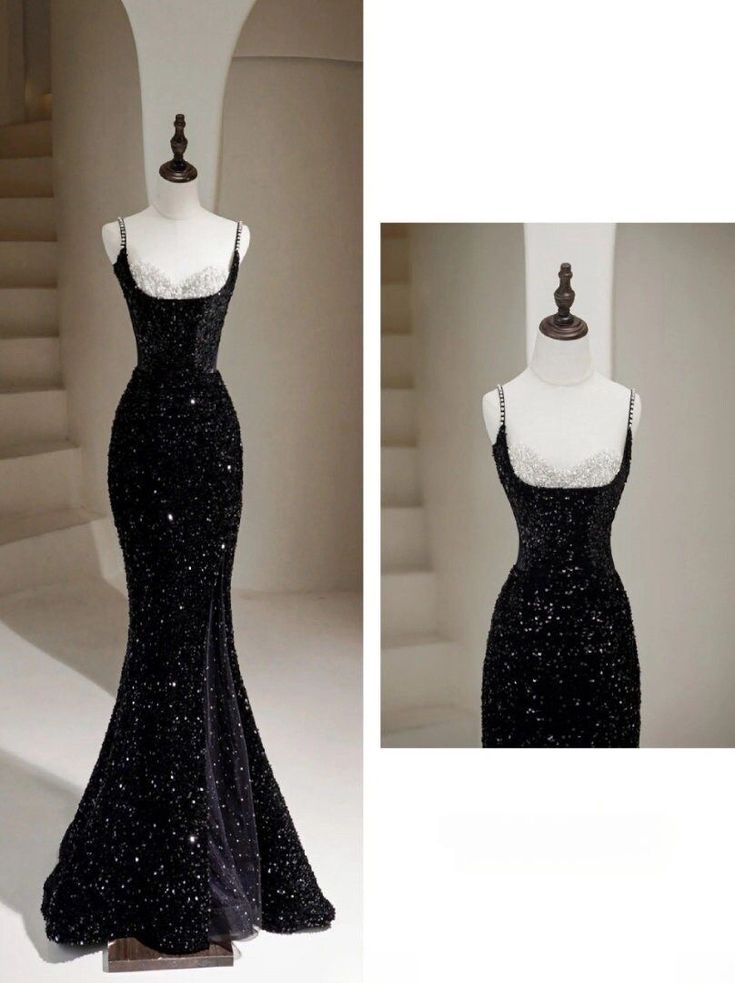 Mermaid Spaghetti Straps Sequin Black Long Prom Dress Main image