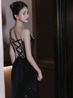 Mermaid Spaghetti Straps Sequin Black Long Prom Dress
