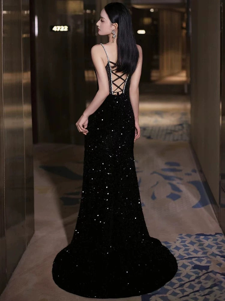 Mermaid Spaghetti Straps Sequin Black Long Prom Dress