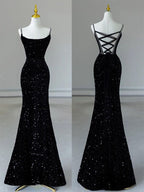 Mermaid Spaghetti Straps Sequin Black Long Prom Dress