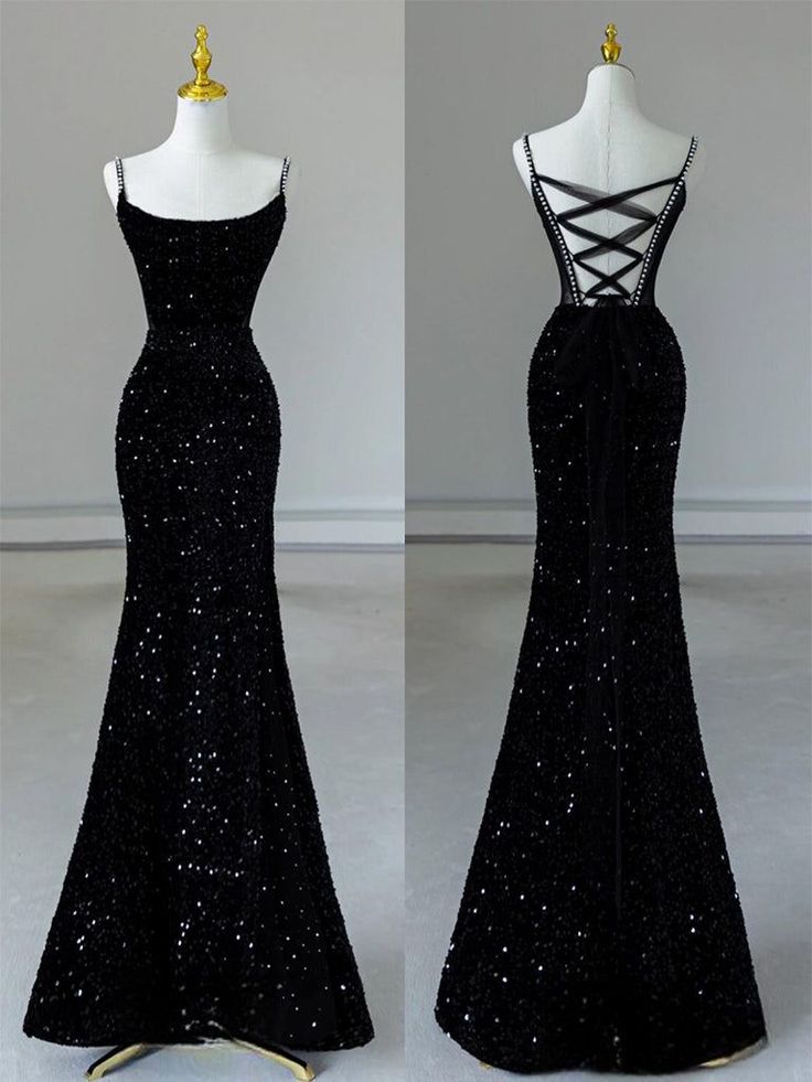 Mermaid Spaghetti Straps Sequin Black Long Prom Dress