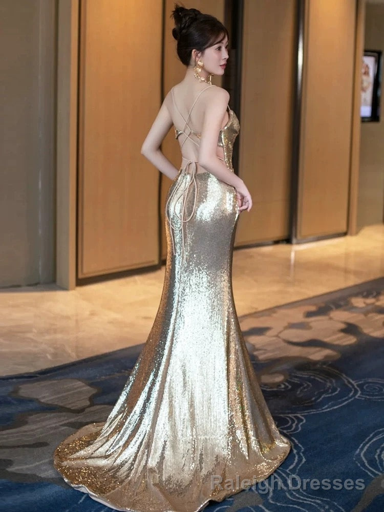 Sexy Mermaid Spaghetti Straps Sequin Gold Floor Length Evening Dress Prom Dresses Main image