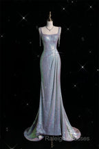 Sexy Mermaid Spaghetti Straps Sequin Silver Evening Gowns Long Prom Dresses