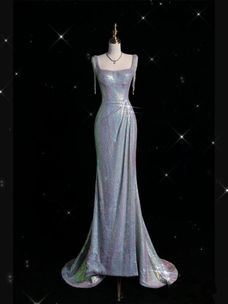 Sexy Mermaid Spaghetti Straps Sequin Silver Evening Gowns Long Prom Dresses