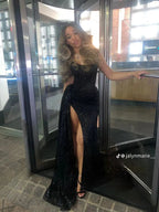 Mermaid Spaghetti Straps Sequin Slit Black Prom Dress Long Prom Dresses