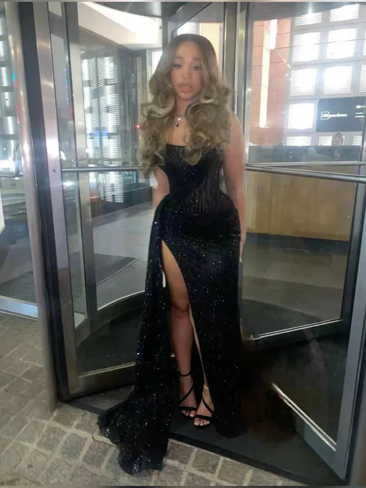 Mermaid Spaghetti Straps Sequin Slit Black Prom Dress Long Prom Dresses Main image