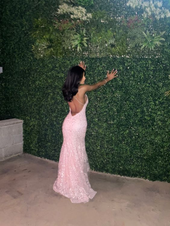 Mermaid Spaghetti Straps Sleeveless Lace Pink Prom Dresses Birthday Outfit