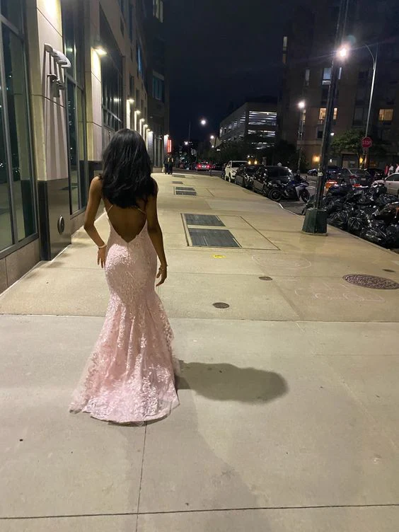 Mermaid Spaghetti Straps Sleeveless Lace Pink Prom Dresses Birthday Outfit Secondary image
