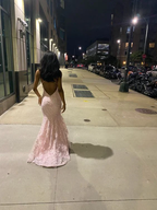 Mermaid Spaghetti Straps Sleeveless Lace Pink Prom Dresses Birthday Outfit