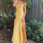 Mermaid Spaghetti Straps Sleeveless Prom Dresses Yellow Prom Dress
