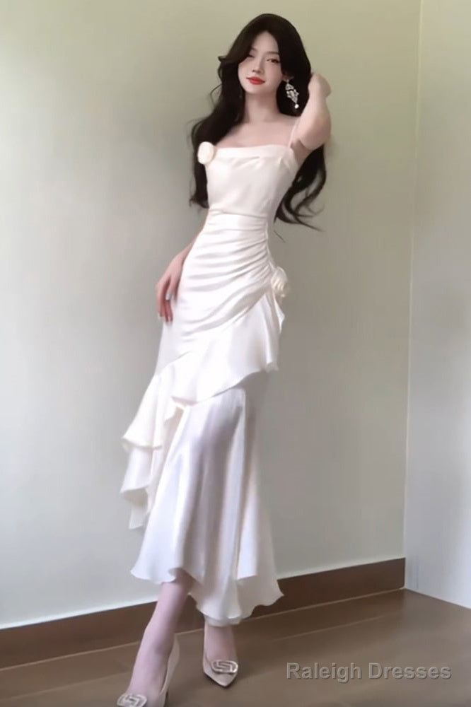 Mermaid Spaghetti Straps White Prom Dress Long Night Dresses Birthday Outfits