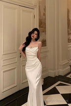 Mermaid Spaghetti Straps White Satin Slit Prom Dress Birthday Outfits