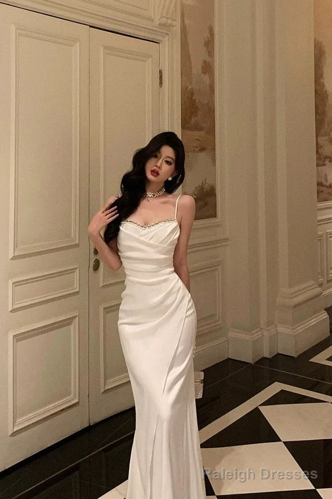 Mermaid Spaghetti Straps White Satin Slit Prom Dress Birthday Outfits