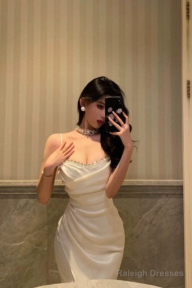 Mermaid Spaghetti Straps White Satin Slit Prom Dress Birthday Outfits