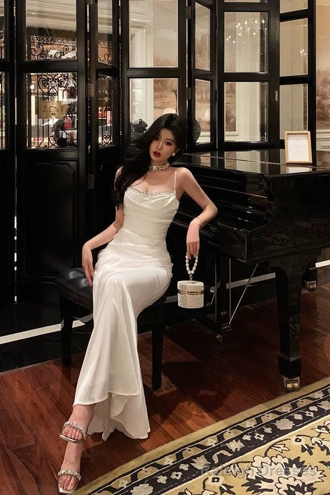 Mermaid Spaghetti Straps White Satin Slit Prom Dress Birthday Outfits