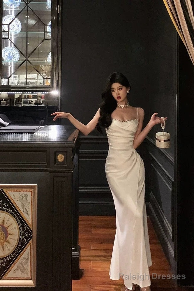 Mermaid Spaghetti Straps White Satin Slit Prom Dress Birthday Outfits