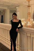 Mermaid Square Neckline Black Velvet Slit Prom Dress Birthday Outfits