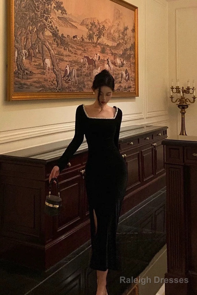 Mermaid Square Neckline Black Velvet Slit Prom Dress Birthday Outfits
