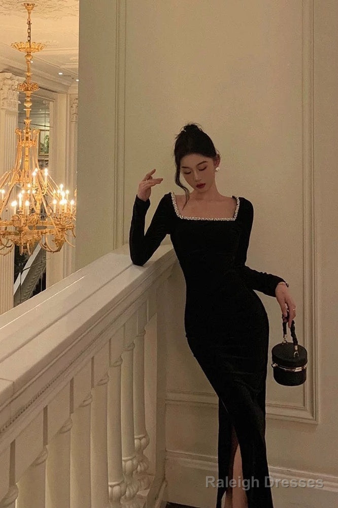 Mermaid Square Neckline Black Velvet Slit Prom Dress Birthday Outfits