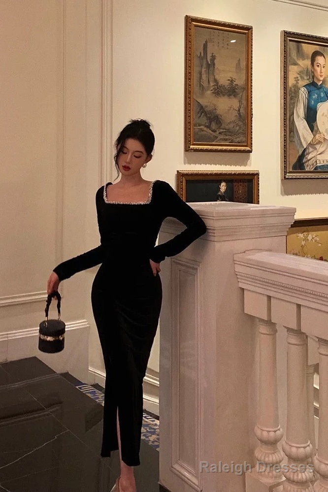 Mermaid Square Neckline Black Velvet Slit Prom Dress Birthday Outfits