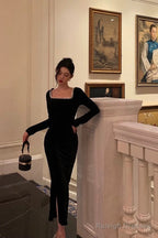 Mermaid Square Neckline Black Velvet Slit Prom Dress Birthday Outfits
