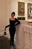 Mermaid Square Neckline Black Velvet Slit Prom Dress Birthday Outfits