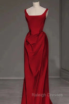 Sexy Mermaid Square Neckline Red Satin Floor Length Prom Dresses