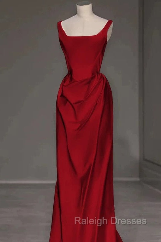 Sexy Mermaid Square Neckline Red Satin Floor Length Prom Dresses
