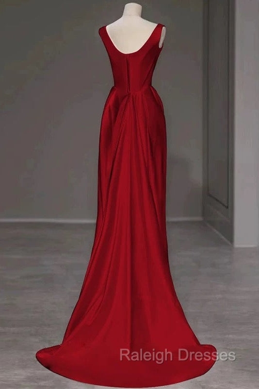 Sexy Mermaid Square Neckline Red Satin Floor Length Prom Dresses