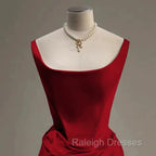 Sexy Mermaid Square Neckline Red Satin Floor Length Prom Dresses