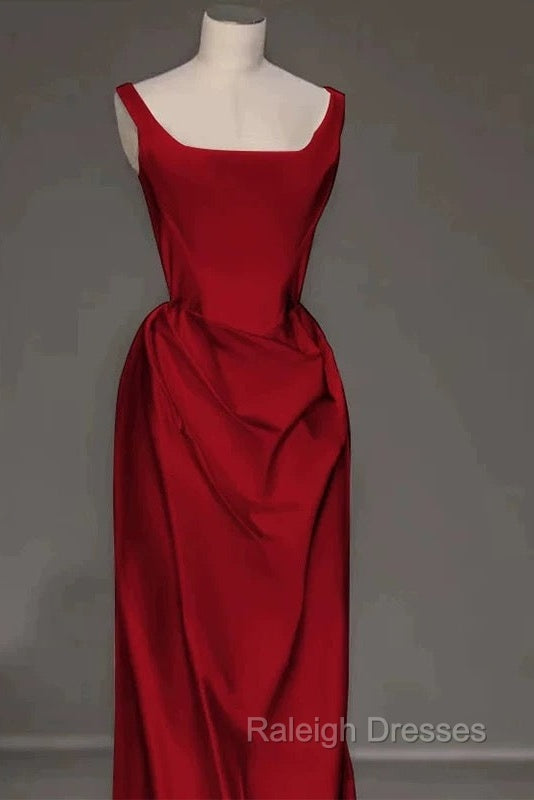 Sexy Mermaid Square Neckline Red Satin Floor Length Prom Dresses