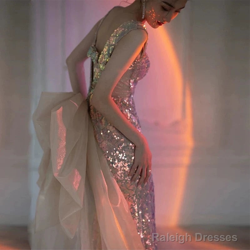 Mermaid Square Neckline Sequin Floor Length Floral Prom Dress