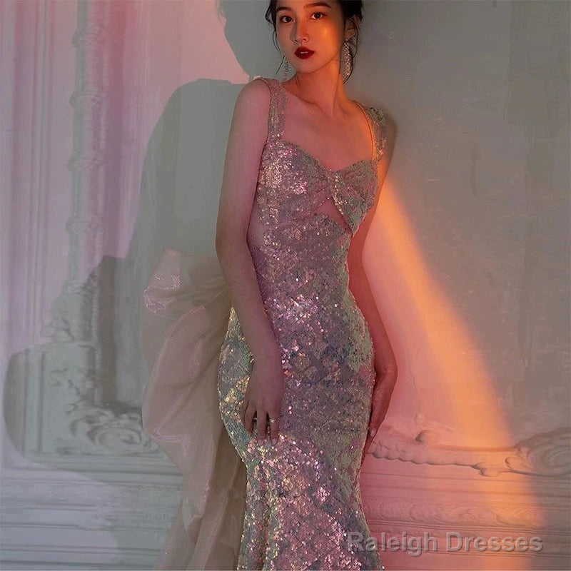Mermaid Square Neckline Sequin Floor Length Floral Prom Dress