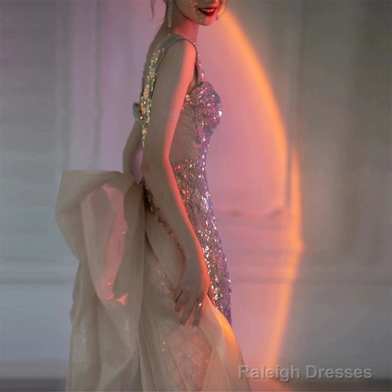 Mermaid Square Neckline Sequin Floor Length Floral Prom Dress
