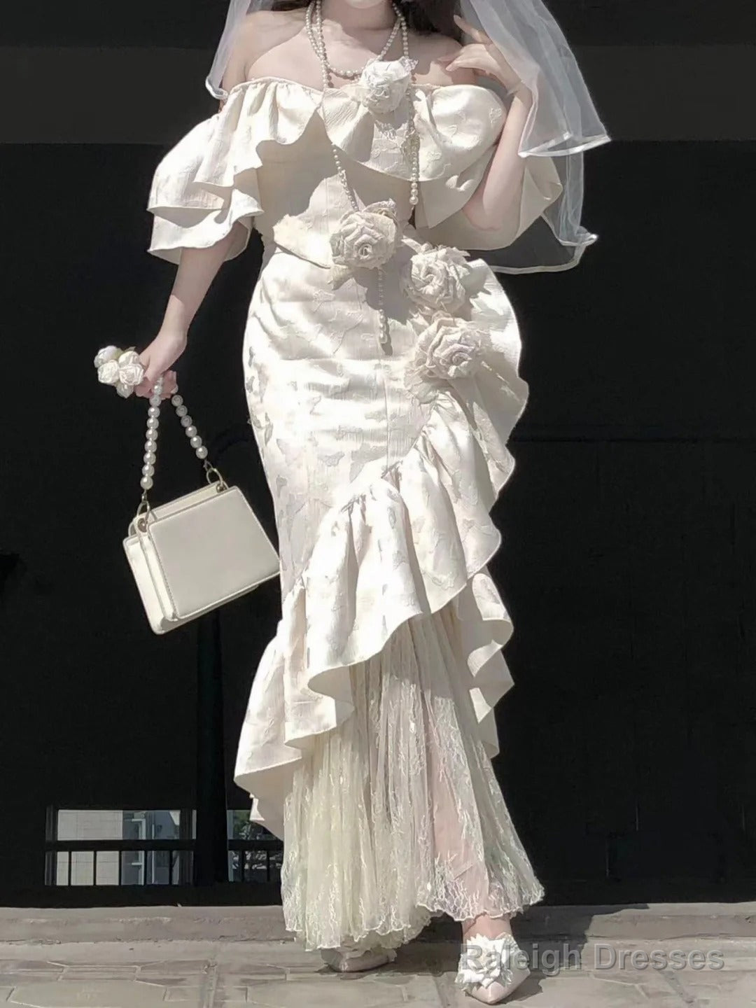 Sexy Mermaid Square Neckline Short Sleeves WomenS Engagement Dress Vacation Dresses Birthday Dress With Flowers